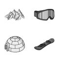 Mountains, goggles, an igloo, a snowboard. Ski resort set collection icons in monochrome style vector symbol stock