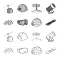 Mountains, goggles, an igloo, a snowboard. Ski resort set collection icons in outline,monochrome style vector symbol