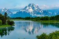 Mountains in Grand Teton National Park at dawn. Oxbow Bend on the Snake River. Royalty Free Stock Photo