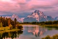 Mountains in Grand Teton National Park at sunrise. Oxbow Bend on the Snake River.