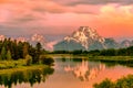 Mountains in Grand Teton National Park at sunrise. Oxbow Bend on the Snake River.