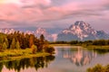 Mountains in Grand Teton National Park at sunrise. Oxbow Bend on the Snake River.