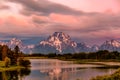 Mountains in Grand Teton National Park at sunrise. Oxbow Bend on the Snake River.