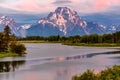 Mountains in Grand Teton National Park at sunrise. Oxbow Bend on the Snake River.