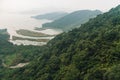 Mountains with green trees and lakes that look from gondola lifts in the area of Sun Moon Lake in Yuchi Township, Nantou County.