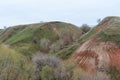 Mountains and hills on the coast of the river Volga. Beautiful patterns of rocks, meadows, green grass and trees. Beautiful spring Royalty Free Stock Photo