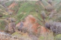 Mountains and hills on the coast of the river Volga. Beautiful patterns of rocks, meadows, green grass and trees. Beautiful spring Royalty Free Stock Photo