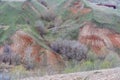 Mountains and hills on the coast of the river Volga. Beautiful patterns of rocks, meadows, green grass and trees. Beautiful spring Royalty Free Stock Photo