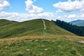 Mountains hills landscape during a sunny day with blue sky clouds. Dark autumn trees. Forest in summer. Hiking in wild mountains.