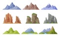 Mountains and hills set vector illustration. Natural snowy cliff mountain peak, hill top, iceberg Royalty Free Stock Photo