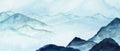 Mountains, hills watercolor landscape. Foggy cold peaks, rocks. Vertical nature view background in blue, neutral colors.