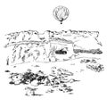 Mountains with a air balloon in the sky, aerostat over the rocks engraving style, hand drawn vector sketch
