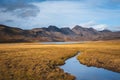 Mountains in Iceland. Autumn countryside with orange grass and blue sky