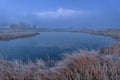 Mountains lake fog reflection dawn blue Royalty Free Stock Photo