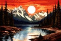 Mountains and lake in the forest at sunset. Vector illustration, AI Generated Royalty Free Stock Photo