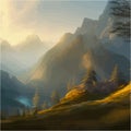 Mountains and lake Landscape. Cartoon rocky mountains, forest and river scene. Royalty Free Stock Photo