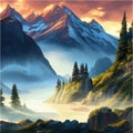 Mountains and lake Landscape. Cartoon rocky mountains, forest and river scene. Royalty Free Stock Photo