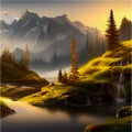 Mountains and lake Landscape. Cartoon rocky mountains, forest and river scene. Royalty Free Stock Photo