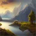 Mountains and lake Landscape. Cartoon rocky mountains, forest and river scene. Royalty Free Stock Photo