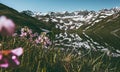 Mountains lake mirror reflection and spring flowers Royalty Free Stock Photo