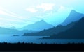 Mountains lake and river landscape silhouette tree horizon Landscape wallpaper Sunrise and sunset Illustration vector style.