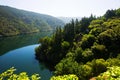 Mountains lake with steep foresty banks