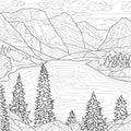 Mountains, lake and trees. Scenery.Coloring book antistress for children and adults. Illustration isolated on white