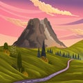 Mountains landscape, abstract lilac sunset panoramic view. Beautiful scenery with dormant volcano