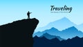 Mountains landscape in blue colors. Silhouette of man on rock on mountains background. Traveling and tourism concept. Vector Royalty Free Stock Photo