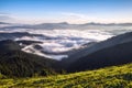 Mountains landscape. Foggy morning. Fields and meadow are covered with morning fog. Forest of the pine trees. Natural scenery Royalty Free Stock Photo