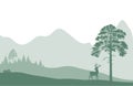 Mountains landscape with forest and deer. flat background landscape