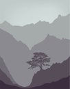 Mountains landscape with lebanese cedar tree. flat vector background