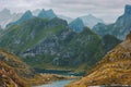Mountains landscape Lofoten islands in Norway aerial view travel scenery rocks and fjord