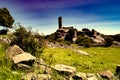 Castle ruins on a stone slab