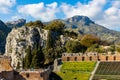 Mountains with Monte Ziretto peak over Taormina Greek Teatro antico Ancient Theatre in Messina region of Sicily in Italy Royalty Free Stock Photo