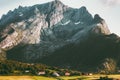 Mountains Landscape in Norway aerial view sunset rocks above village and forest Travel scenery scandinavian