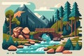 Mountains landscape with river and wooden bridge. Vector illustration in flat style Royalty Free Stock Photo