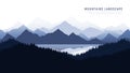 Mountains landscape. Silhouette man in a boat in the middle of the lake. Vector illustration. Royalty Free Stock Photo