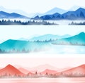 Mountains landscape. Silhouette panorama of foggy forest and snowy mountain peaks, nature outdoor panorama. Vector wood Royalty Free Stock Photo