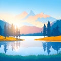 Mountains landscape sunset with pine forest near a lake. Pine forest mountains summer camp poster. landscape with red sky, Royalty Free Stock Photo