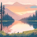 Mountains landscape sunset with pine forest near a lake. Pine forest mountains summer camp poster. landscape with red sky, Royalty Free Stock Photo