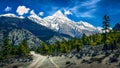 Mountains landscape view with snowed peaks and curvy road, Himalayas, Nepal Royalty Free Stock Photo