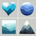 Mountains landscapes in shapes of heart, circle, square and triangle. Different seasons of a year.