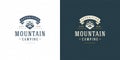 Mountains logo emblem outdoor adventure camping vector illustration mountain and tent silhouettes