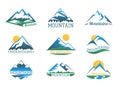 Mountains logo set. Mountain peak landscape with snow cover emblems vector illustration