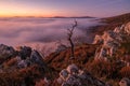 Mountains in low clouds at sunrise in autumn. View of mountain peaks, rocks and red trees in fog in fall. Royalty Free Stock Photo