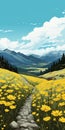 Vibrant Yellow Flowers And Mountains In Expansive Landscape Art