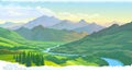 The mountains, the meadows, the green landscape and the river. Vector Image. Royalty Free Stock Photo