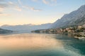 The mountains of Montenegro lit by the morning sun on the Bay of Kotor, in Kotor Montenegro Royalty Free Stock Photo