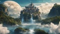 mountains and the moon Fantasy waterfall of stars, with a landscape floating islands clouds, with a castle over a waterfall